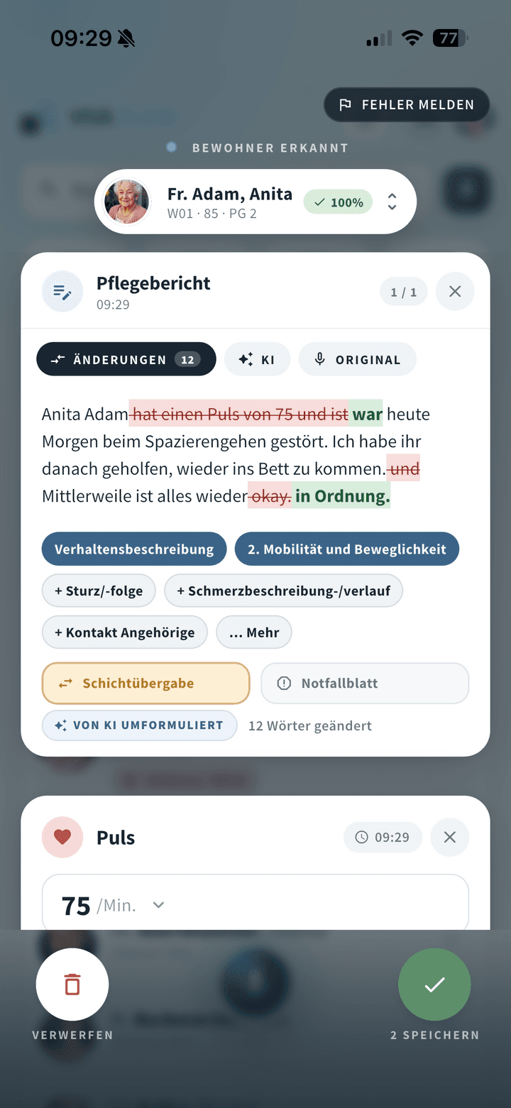 VIVA Flow App – erkannte Bewohnerin und KI-formulierter Pflegebericht zum Bestätigen